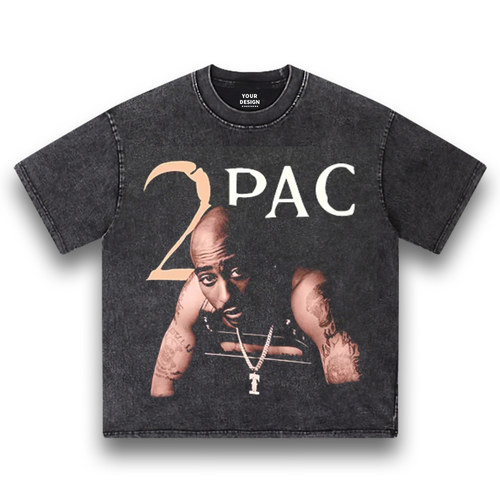 美式嘻哈风2PAC印花短袖T恤男女宽松圆领重磅纯棉百搭上衣
