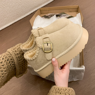 三福厚底勃肯鞋女2025新款秋冬加绒豆豆鞋保暖雪地靴一脚蹬棉鞋子