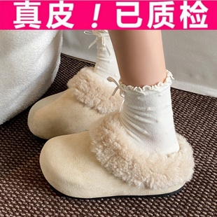 牛皮版~复古保暖厚底毛毛拖鞋女2025新款秋冬外穿加绒勃肯棉鞋子