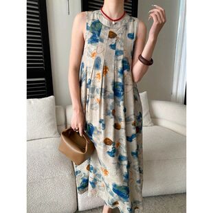 司南 南法氛围感 文艺复古水墨画晕染印花无袖背心连衣裙 SN8651
