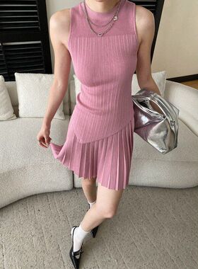 司南 气质温柔风 天丝亚麻混纺针织背心百褶半身短裙套装 SN8799