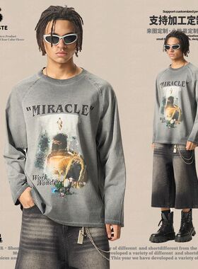 RS男装|跨境270G水洗重磅长袖t恤男欧美ins印花潮牌做旧男士t恤