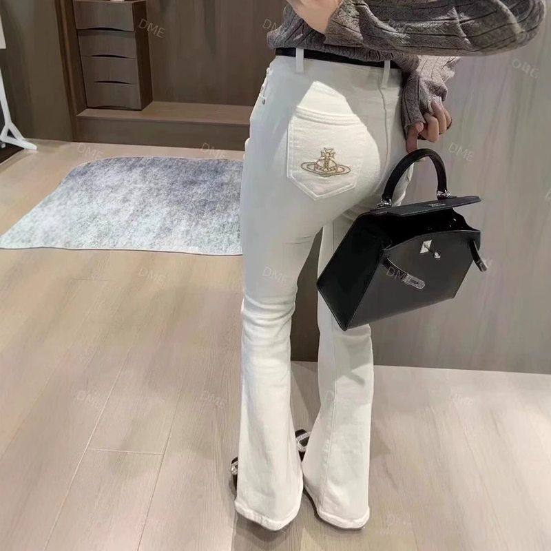 加绒女提臀高腰白色新款长裤微土星刺绣弹力喇叭秋冬显瘦25牛仔裤