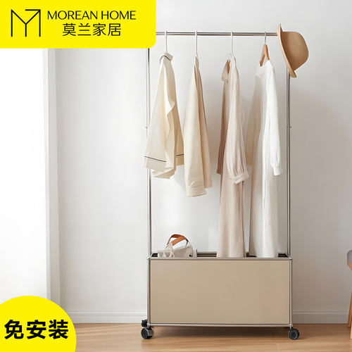 中古风不锈钢带轮落地衣帽架