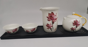 台湾建窑茶具正品陶瓷夏荷美景茶具套装定窑白富贵牡丹五件茶海组