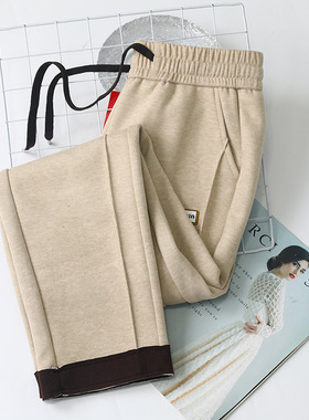 燕麦色小脚裤加厚学生毛呢裤子女翻边松紧腰宽松显瘦休闲哈伦裤