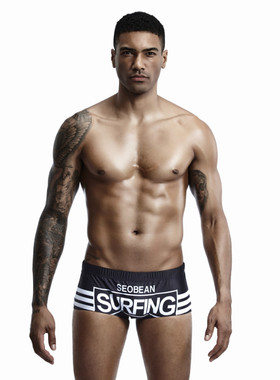 SEOBEAN男士泳裤 弹性涤纶系绳条纹字母印花低腰平角游泳裤 90806