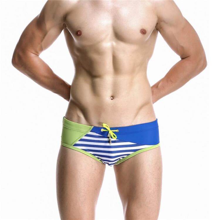 SEOBEAN男士泳裤 弹性锦纶系绳条纹拼色性感低腰三角泳裤1620901