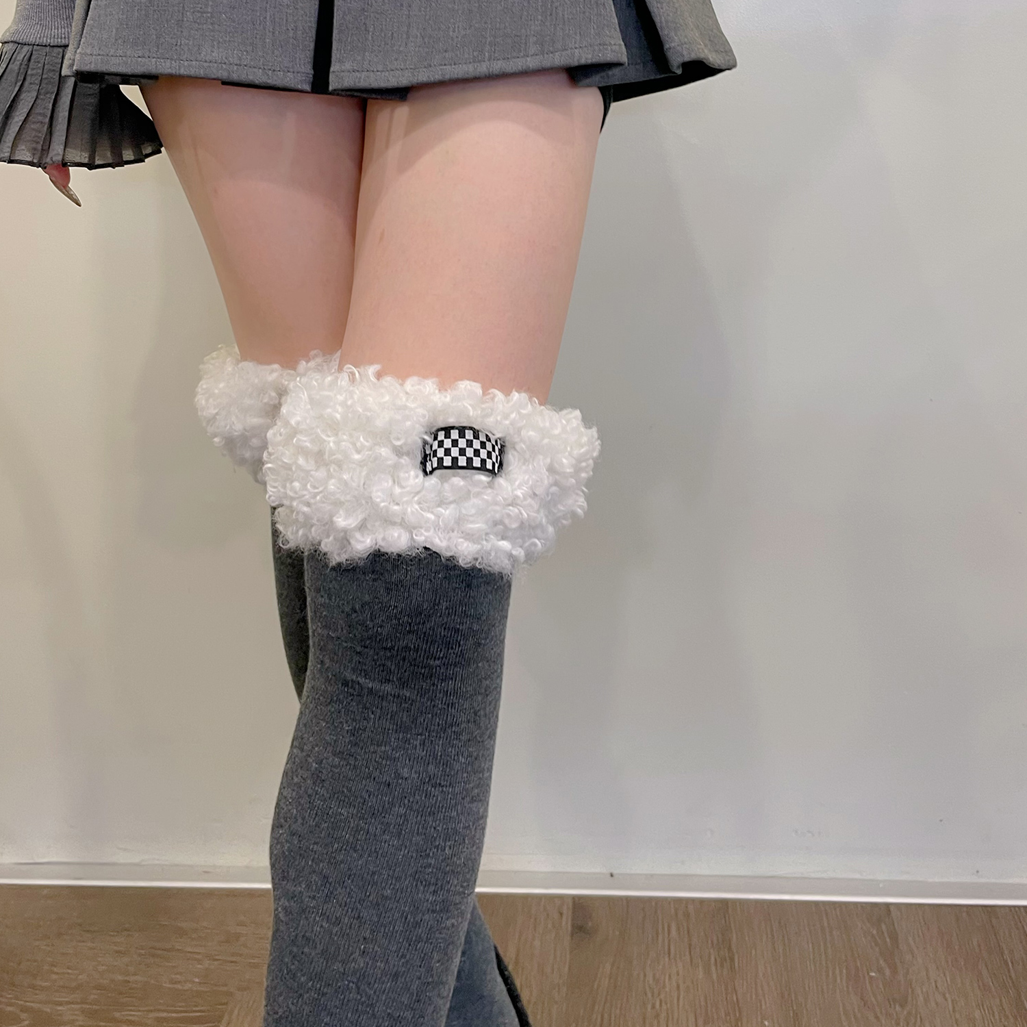 高筒保暖棉袜棋盘格甜美