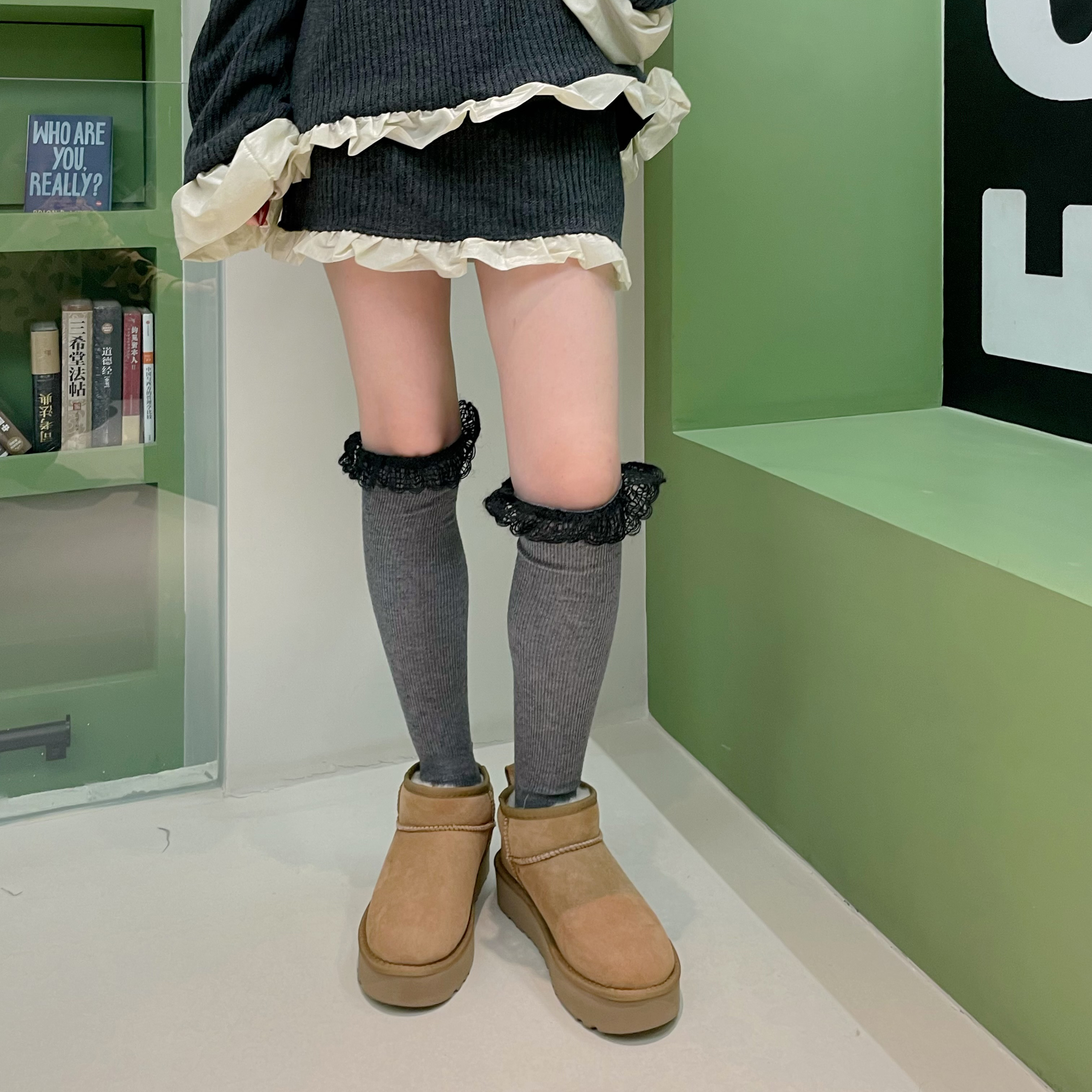 长筒袜保暖羊绒毛线花边简约