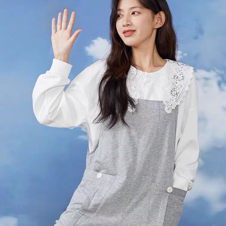 임신 색상 봄 신제품 중공 인형 칼라 느슨한 긴 소매 면 출산 운동복