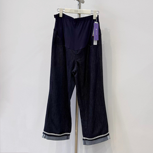 高腰可调节托腹牛仔裤 孕之彩春款 翻边阔腿直筒裤 时尚 孕妇裤