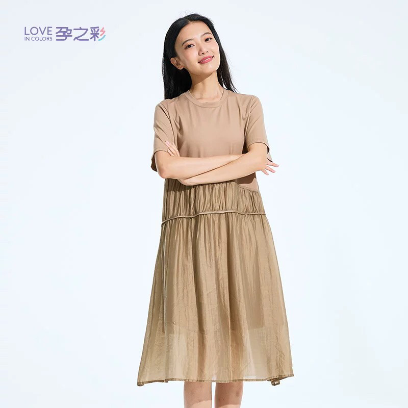孕之彩夏款拼接文艺气质时尚显瘦宽松中长款孕妇装连衣裙