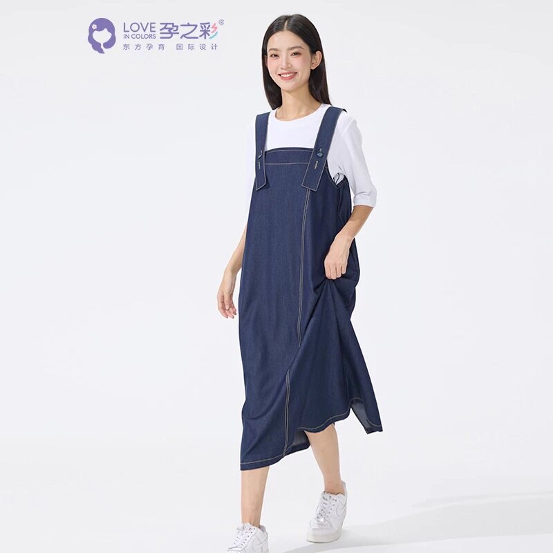 孕之彩春夏款减龄清新中长款背带裙孕妇装宽松时尚连衣裙图片