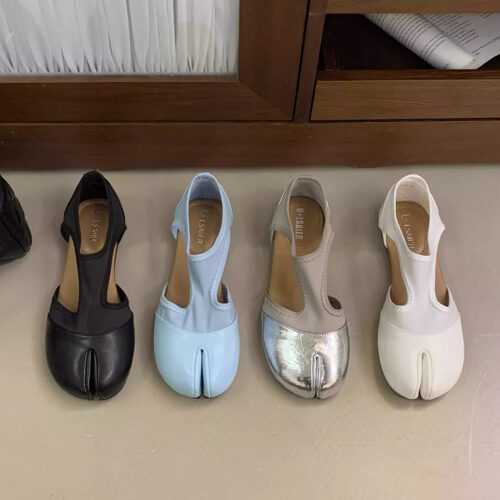 夏季真皮分趾中空平底玛丽珍凉鞋