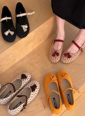 绒面玛丽珍鞋女一字扣带时尚奶奶鞋浅口单鞋蝴蝶结芭蕾舞鞋平底鞋