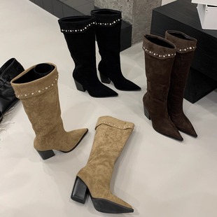 尖头显瘦褶皱堆堆小个子铆钉粗跟不过膝骑士靴长筒靴女 2025年新款