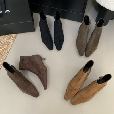 2025新款绒面方头细跟短靴