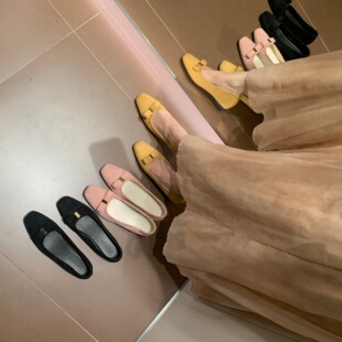 简约方头浅口单鞋奶奶鞋金属扣蝴蝶结平底鞋舒适百搭通勤鞋绒面鞋