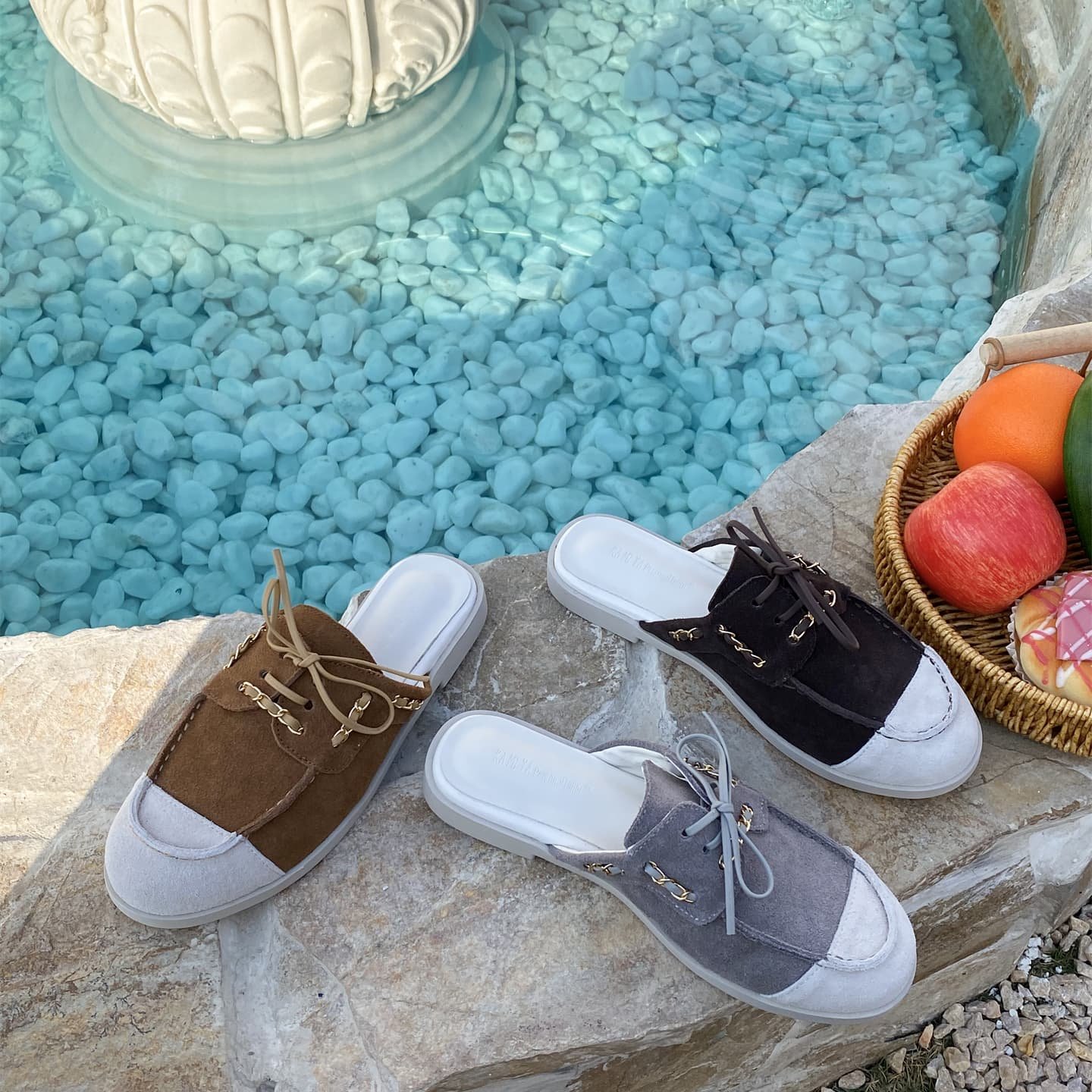 休闲风麂皮穆勒鞋女链条系带平底百搭懒人鞋一脚蹬包头拖鞋豆豆鞋,女鞋,包头拖,淘宝优惠券,粉丝福利购,淘宝优惠卷