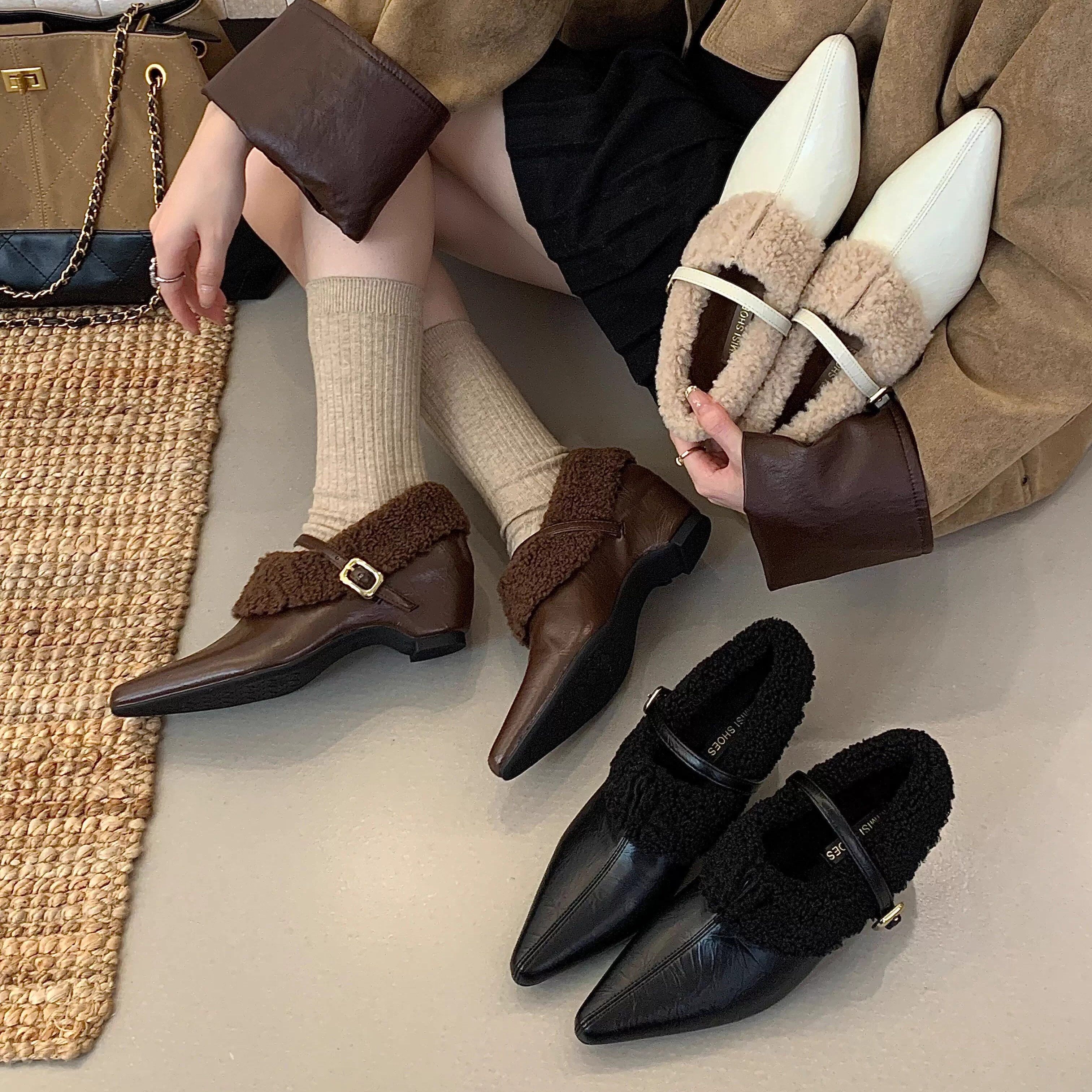 2025新款秋冬尖头粗跟羊羔毛毛鞋女外穿加绒保暖棉鞋平底单鞋女鞋,女鞋,深口单鞋,淘宝优惠券,粉丝福利购,淘宝优惠卷