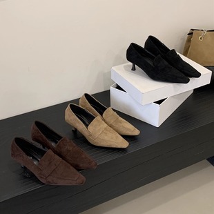 尖头细跟高跟鞋2025年春秋新款百搭浅口欧美绒面一脚蹬软底单鞋女