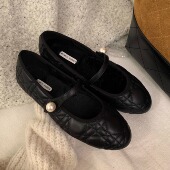 一字带平底加绒毛毛保暖浅口单鞋 小香风珍珠玛丽珍鞋 女黑色小皮鞋