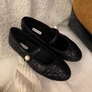 小香风珍珠玛丽珍鞋女黑色小皮鞋一字带平底加绒毛毛保暖浅口单鞋