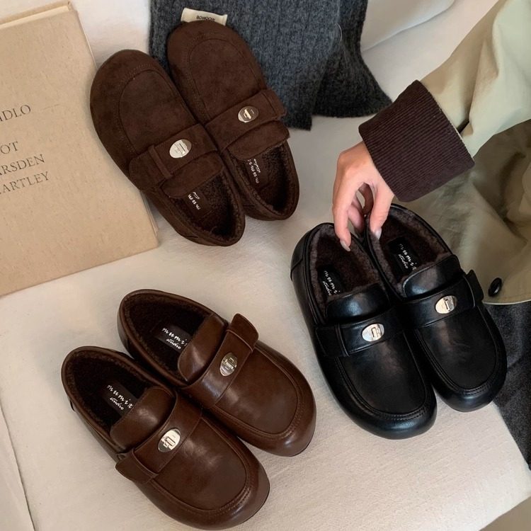 皮带扣乐福鞋女圆头一脚蹬真皮