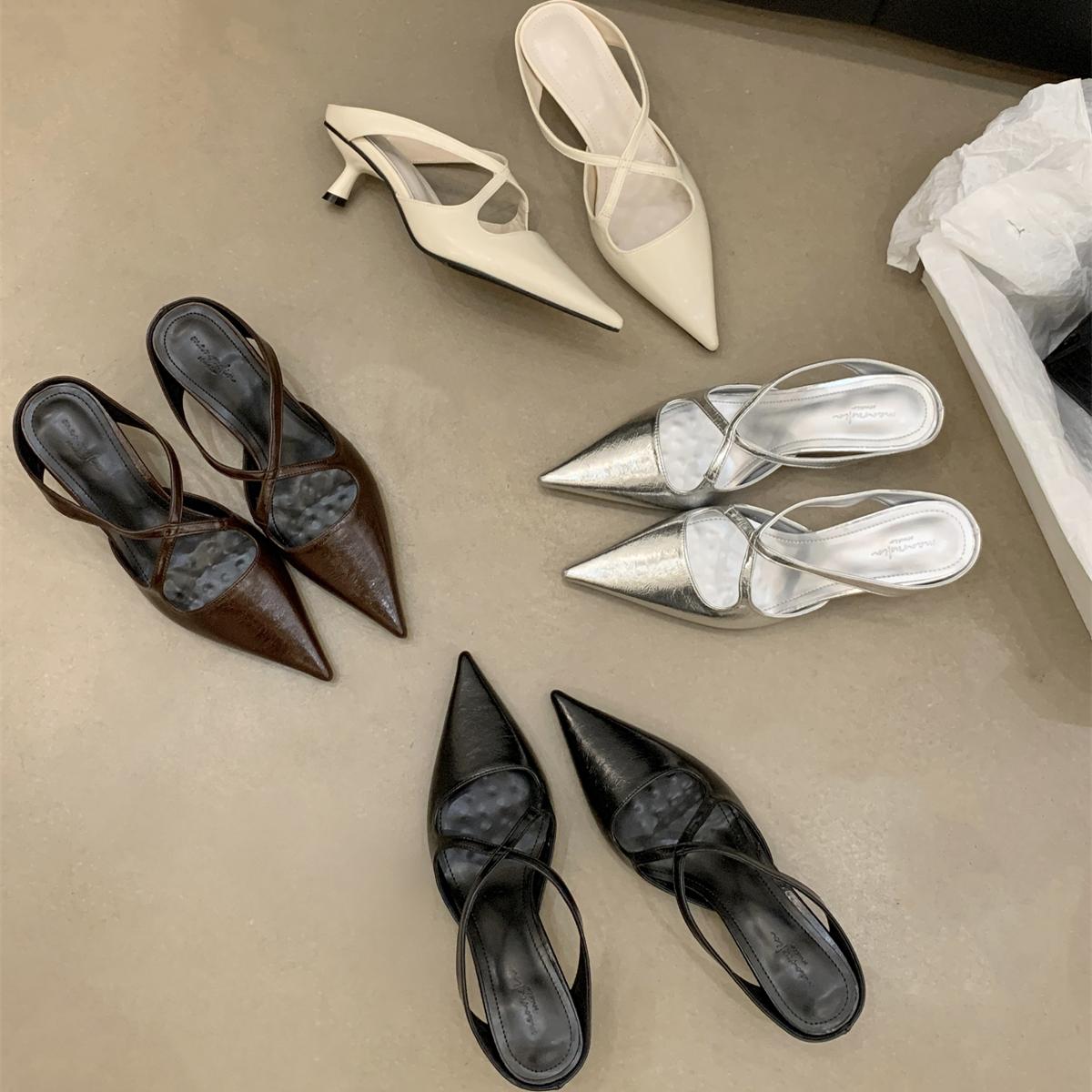 法式复古细高跟尖头包头拖