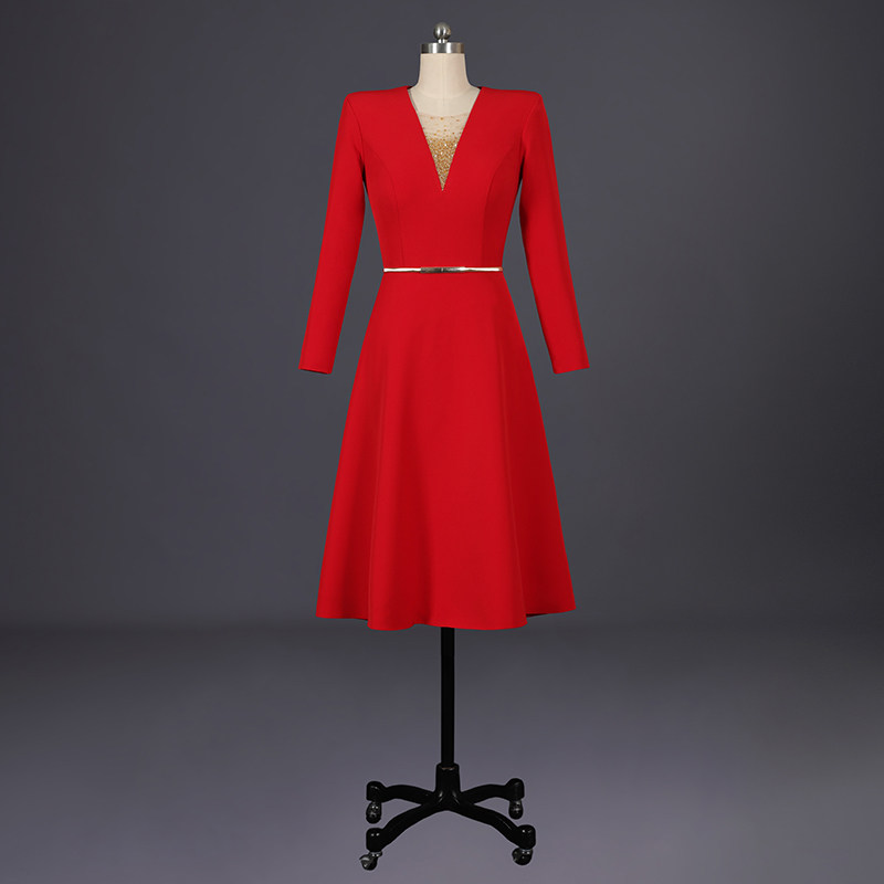 红色短款礼服晚会主持服装出租 长袖礼服时尚大气礼仪服装租赁
