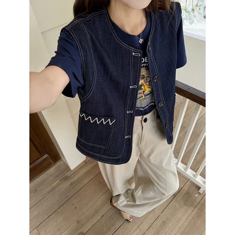 松弛感叠穿上衣复古灰白牛仔马甲女春秋款时尚休闲宽松无袖牛仔衣