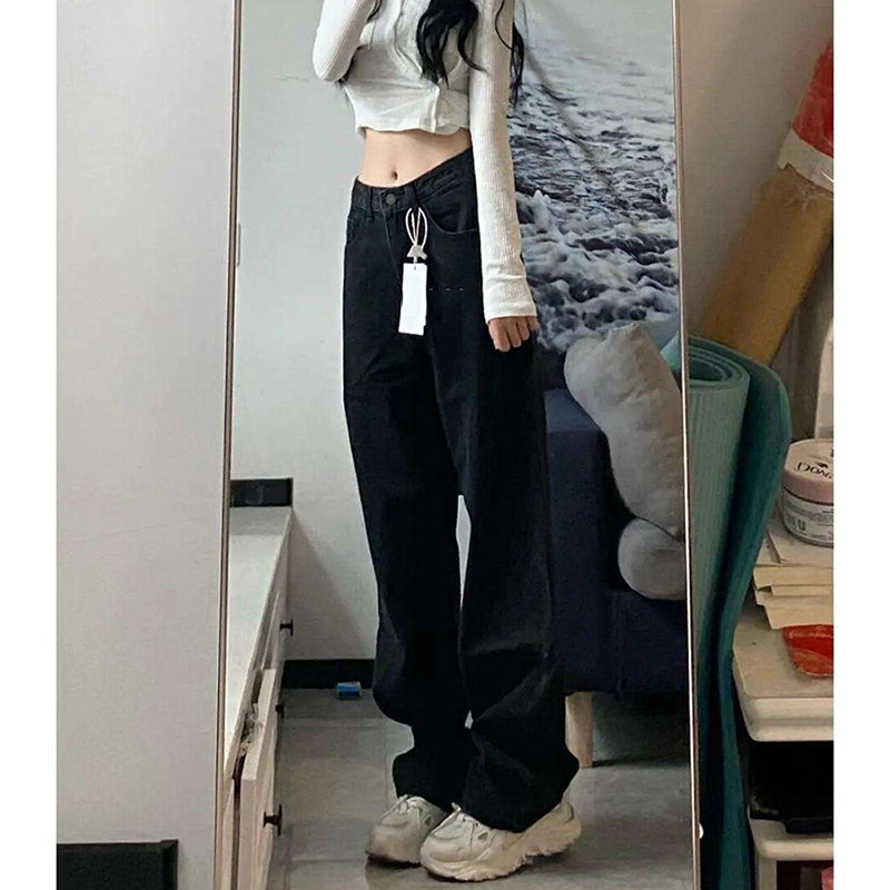 FLEECE PADDED BLACK WIDE-LEG HIGH-WAISTED JEANS WOMENS AUTUMN AND WINTER LOOSE AND THIN VERSATILE LARGE SIZE STRAIGHT PANTS TIDE