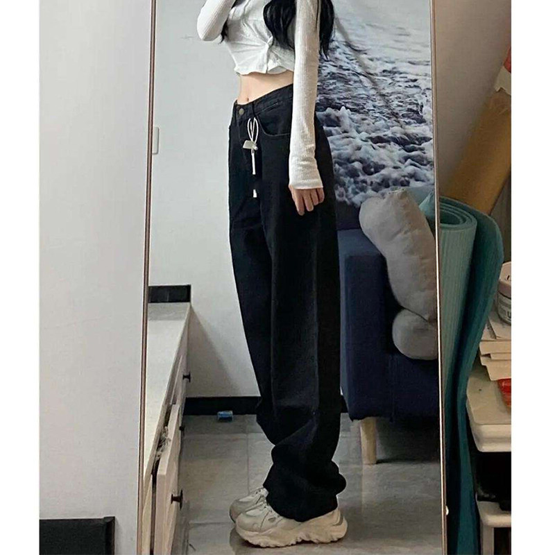 FLEECE PADDED BLACK WIDE-LEG HIGH-WAISTED JEANS WOMENS AUTUMN AND WINTER LOOSE AND THIN VERSATILE LARGE SIZE STRAIGHT PANTS TIDE