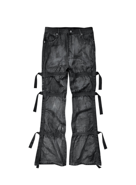 GOJOYJINNI刷蜡漆面质感调节扣飘带微喇叭宽松牛仔裤