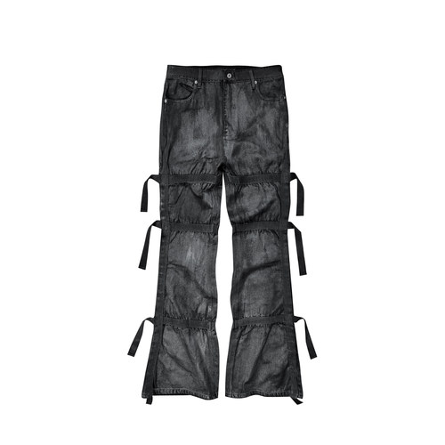 GOJOYJINNI刷蜡漆面质感调节扣飘带微喇叭宽松牛仔裤