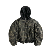 GOJOYJINNI水洗喷脏迷彩破坏连帽假两件廓形加厚棉服夹克bomber