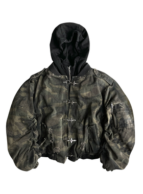 GOJOYJINNI水洗喷脏迷彩破坏连帽假两件廓形加厚棉服夹克bomber