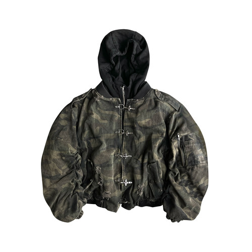 GOJOYJINNI水洗喷脏迷彩破坏连帽假两件廓形加厚棉服夹克bomber