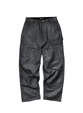 GOJOYJINNI手工刷蜡银粉涂层直筒阔腿黑色牛仔伐木裤