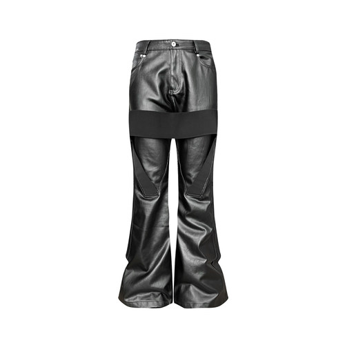 GOJOYJINNI 绑带刷蜡涂层暗黑亮面光泽感宽松无弹微喇叭牛仔裤