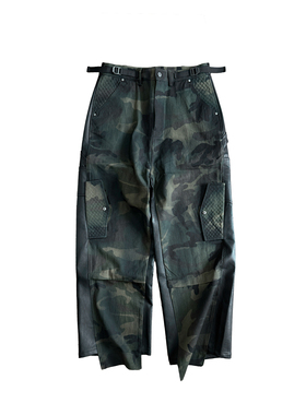 GOJOYJINNI迷彩拼接皮喷脏做旧直筒宽松工装休闲裤