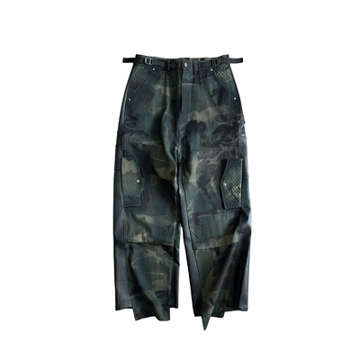 GOJOYJINNI迷彩拼接皮喷脏做旧直筒宽松工装休闲裤