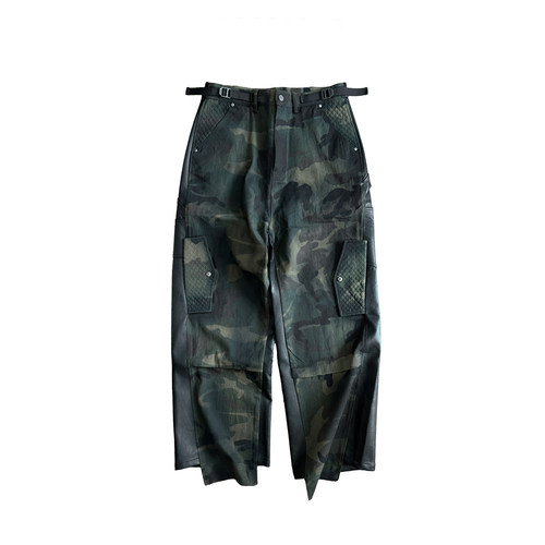 GOJOYJINNI迷彩拼接皮喷脏做旧直筒宽松工装休闲裤