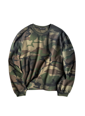 GOJOYJINNI迷彩纯棉酵洗喷脏做旧圆领短宽logo长袖T恤