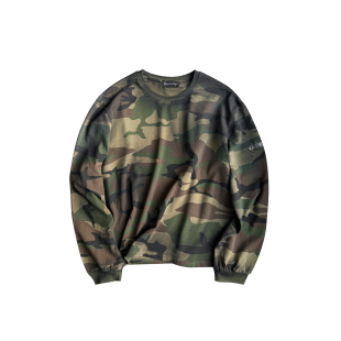 GOJOYJINNI迷彩纯棉酵洗喷脏做旧圆领短宽logo长袖 T恤