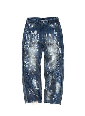 GOJOYJINNI水洗做旧脏染破洞重工刺子糜烂牛仔裤