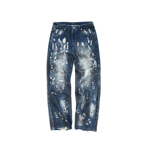 GOJOYJINNI水洗做旧脏染破洞重工刺子糜烂牛仔裤