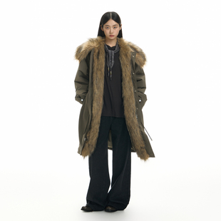 TGNS中长款拼接大毛领风衣外套女新款秋季抽绳收腰设计感宽松大衣