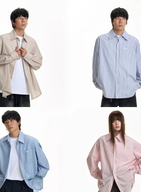 TGNS潮牌美式蓝色条纹衬衫男女秋冬内搭宽松显瘦衬衣情侣上衣外套